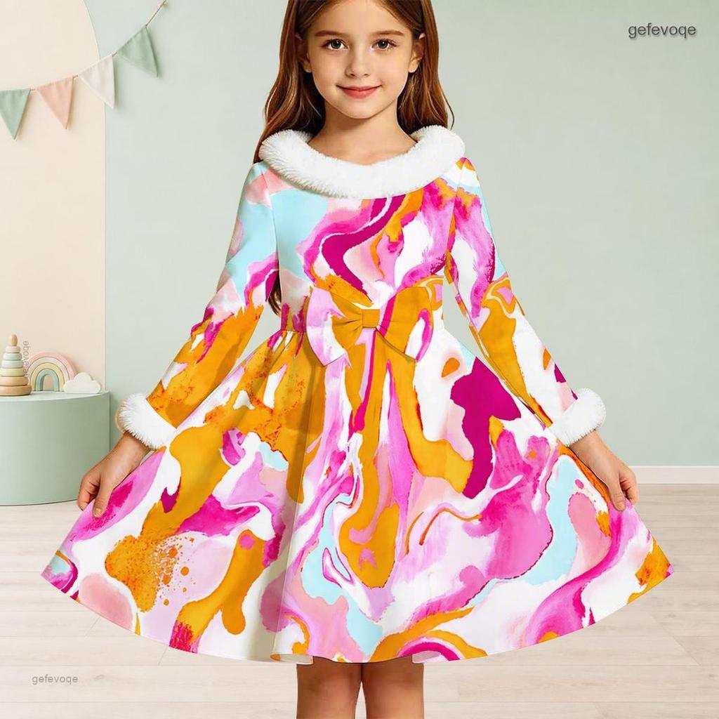 Girls Long Sleeve Furry Trim Printed A Line Flared Dress With Waist Bow