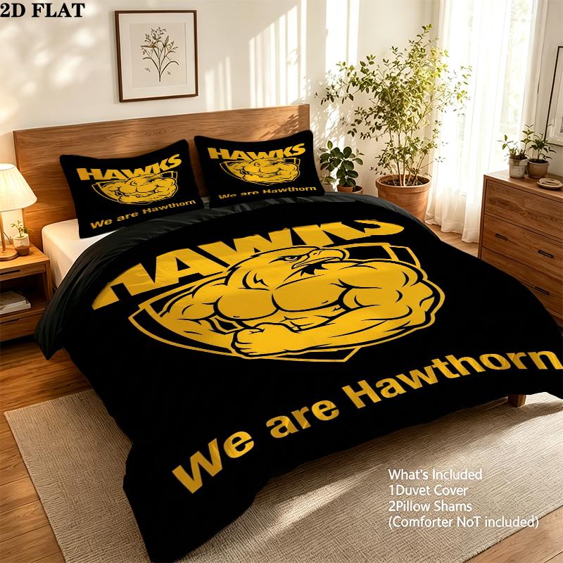 Hawthorn Football Club Pattern Bedding uilt Set uilt Cover Pillowcase Home Decoration Birthday Gift (1 * duvet cover + 2 * pillowcase without core)