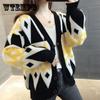 Vintage Spring Autumn Women's Color Block Checked Cardigan Sweater Loose  Short Knit  Jacket Coat