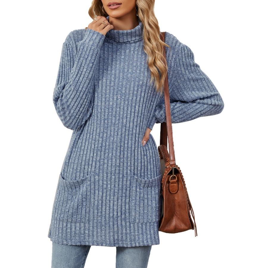 Autumn Winter Mid-Length Pullover Long Sleeves Thick Warm Knitwear Hoodie Casual Solid Color Half High Collar Loose Pocket Sweatshirt