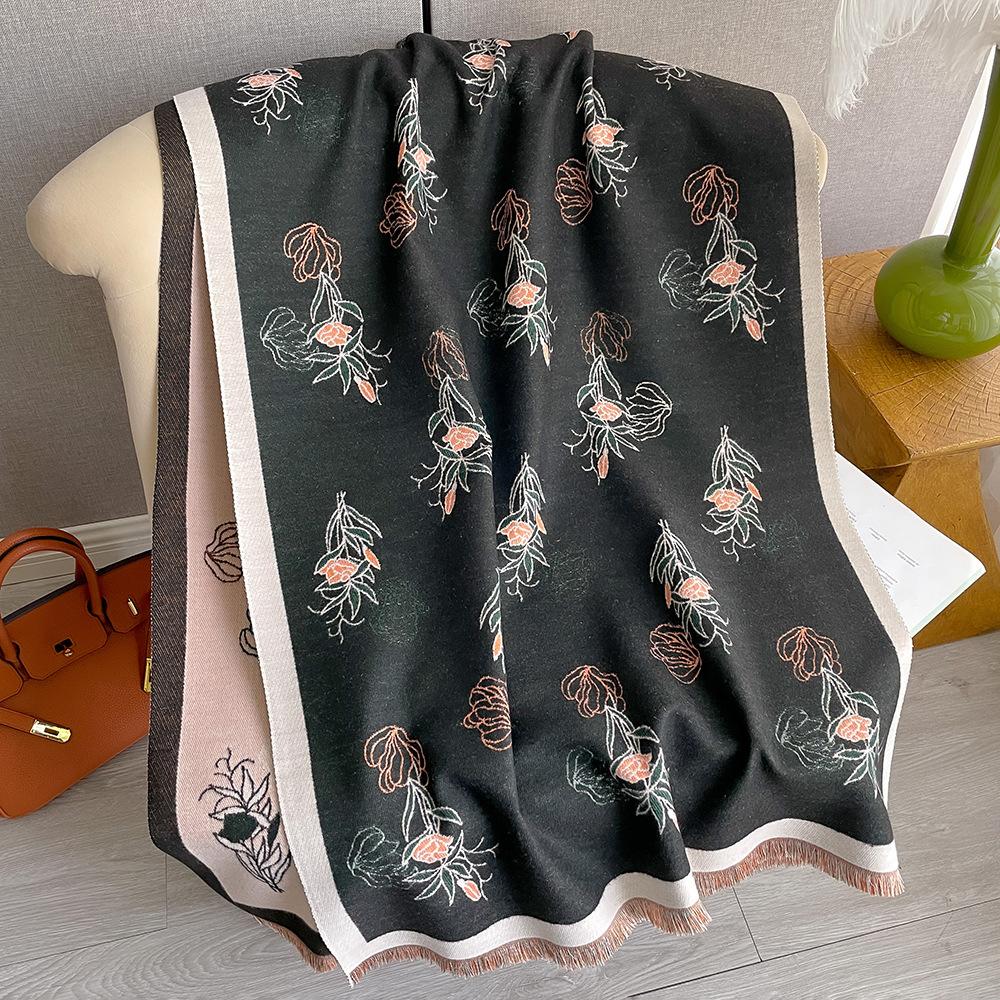 Korean Version Printed Imitation Cashmere Scarf Women'S Winter Double-Sided Thickened Neck Protection Scarf Air Conditioner Shawl