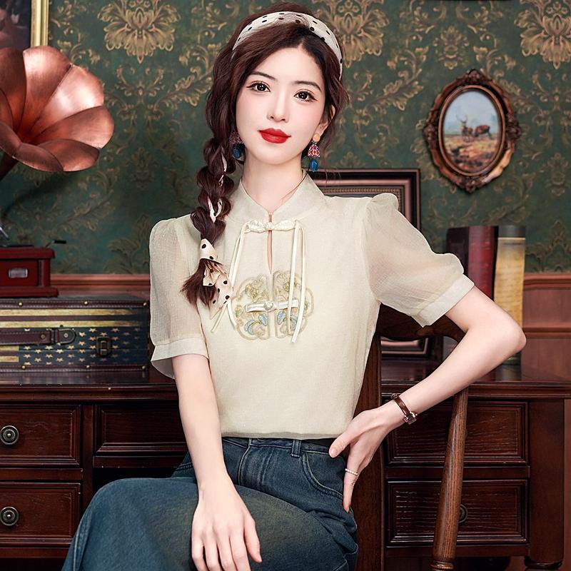 Модная новинка, летняя шифоновая блузка в китайском стиле с коротким рукавом и воротником-стойкой, с вышивкой, женская рубашка J384