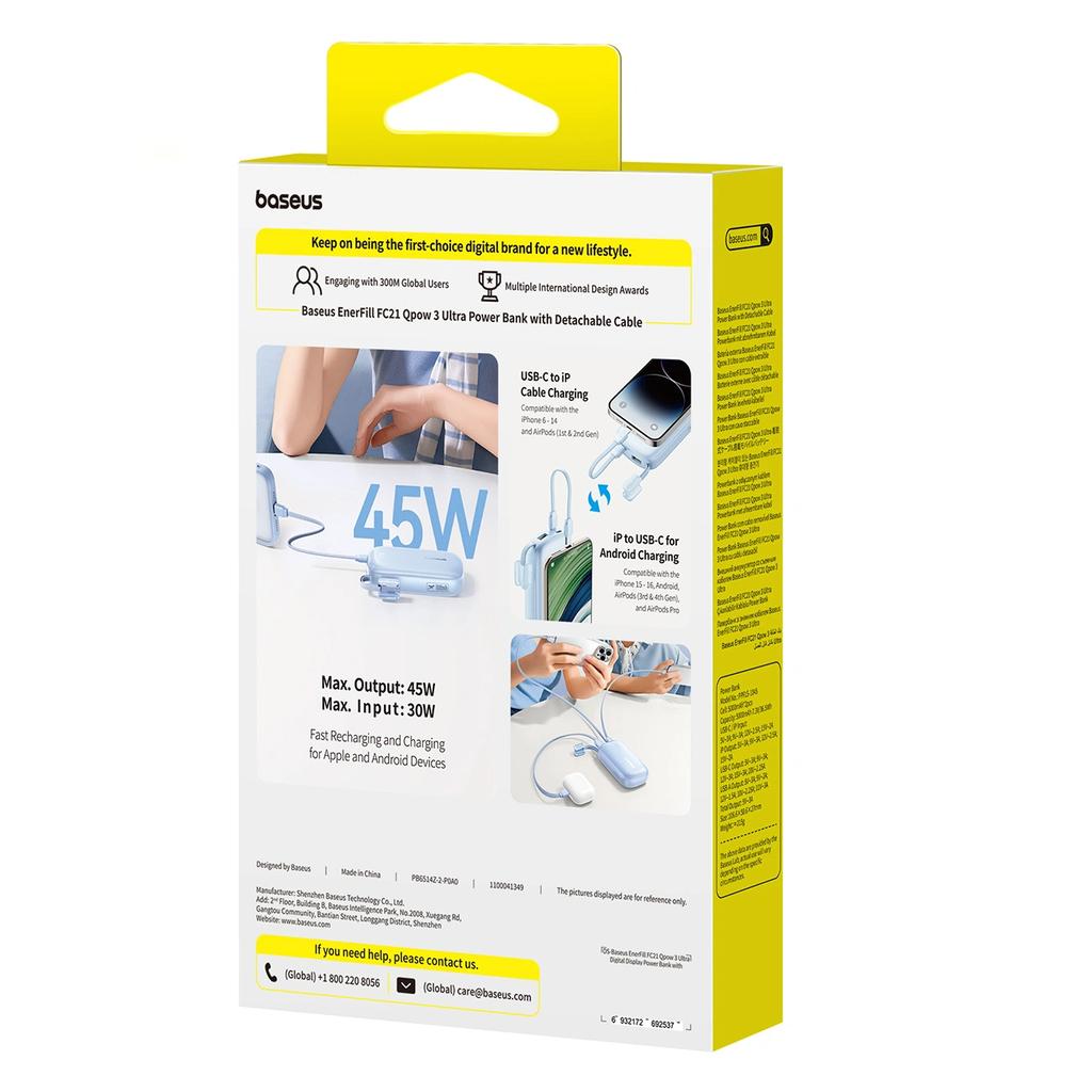 Powerbank Baseus Enerfill Fc21 Qpow 3 Ultra 10000Mah 45W Z Odłączanym Kablem Usb-C/Lightning - Niebieski