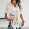 Summer Large Size Hollow Floral Lace Stitching Sleeve Single-breasted Women Shirt Print Loose Casual Shirt Streetwear