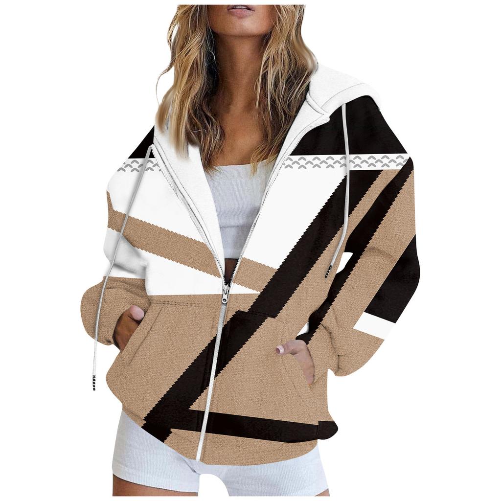Women's Fashion Casual Printed Sweatshirt Autumn And Winter Long Sleeve Pocket Cardigan Jacket Zipper Hoodie Coat
