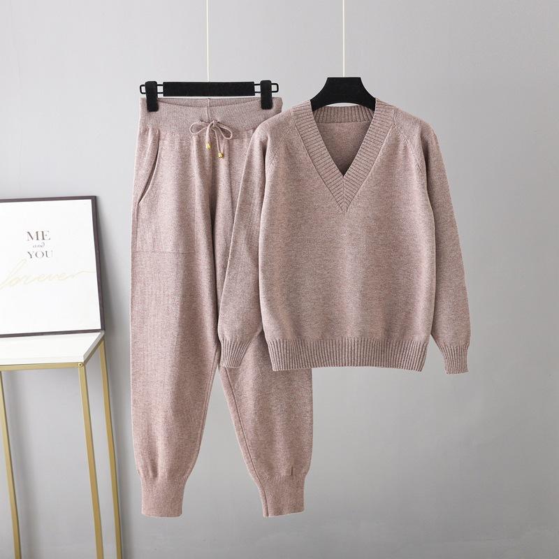 Autumn Winter Two Piece Women Knit Weater Pullover Sport Suits V-Neck Women Sweater Drawstring Harem Pants Jogging Pants Sweater Set Knitted Outwear