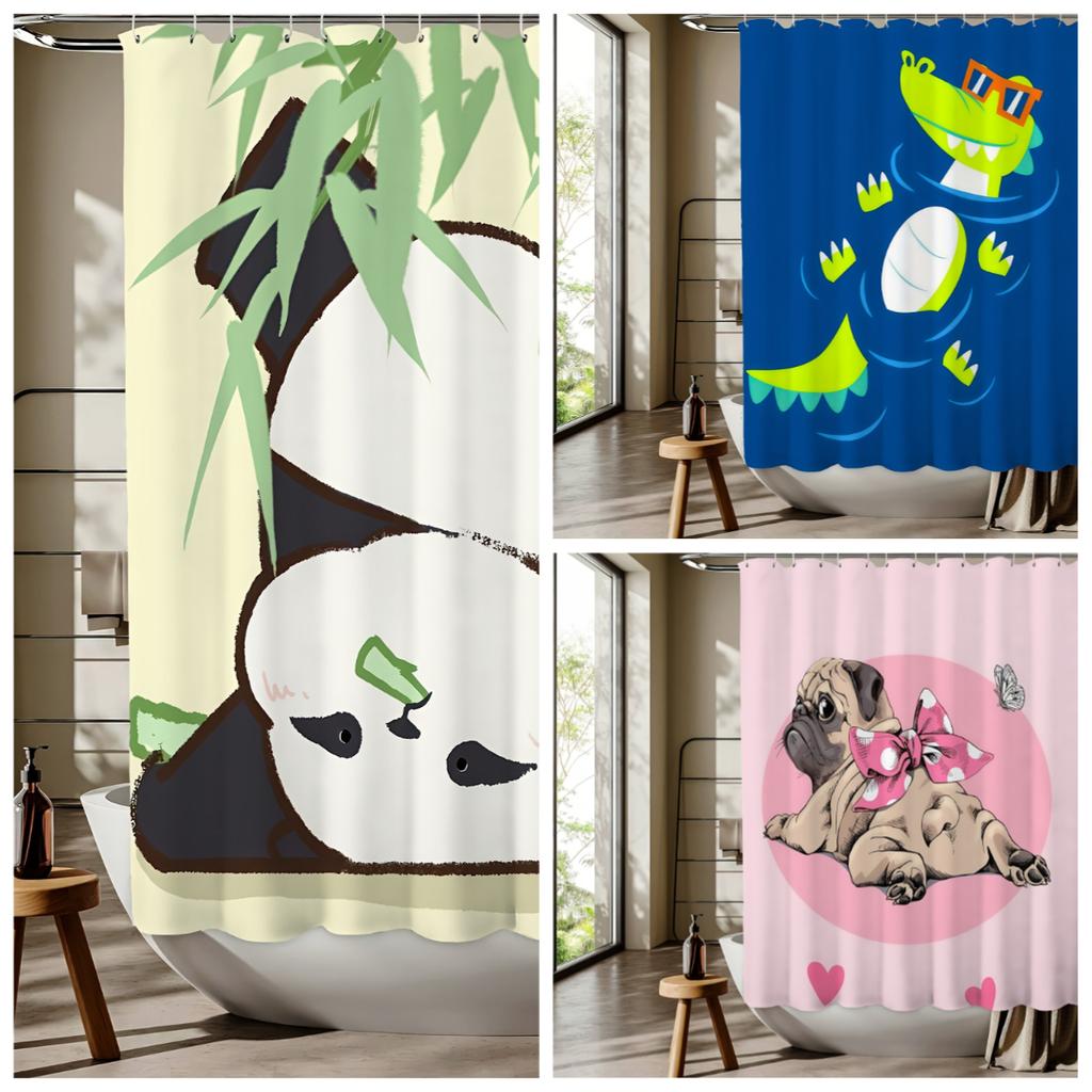 Cute Puppy Panda Crocodile Pattern Shower Curtain Bathroom Home Decoration Free Hook Polyester Fabric Single-Sided Printing