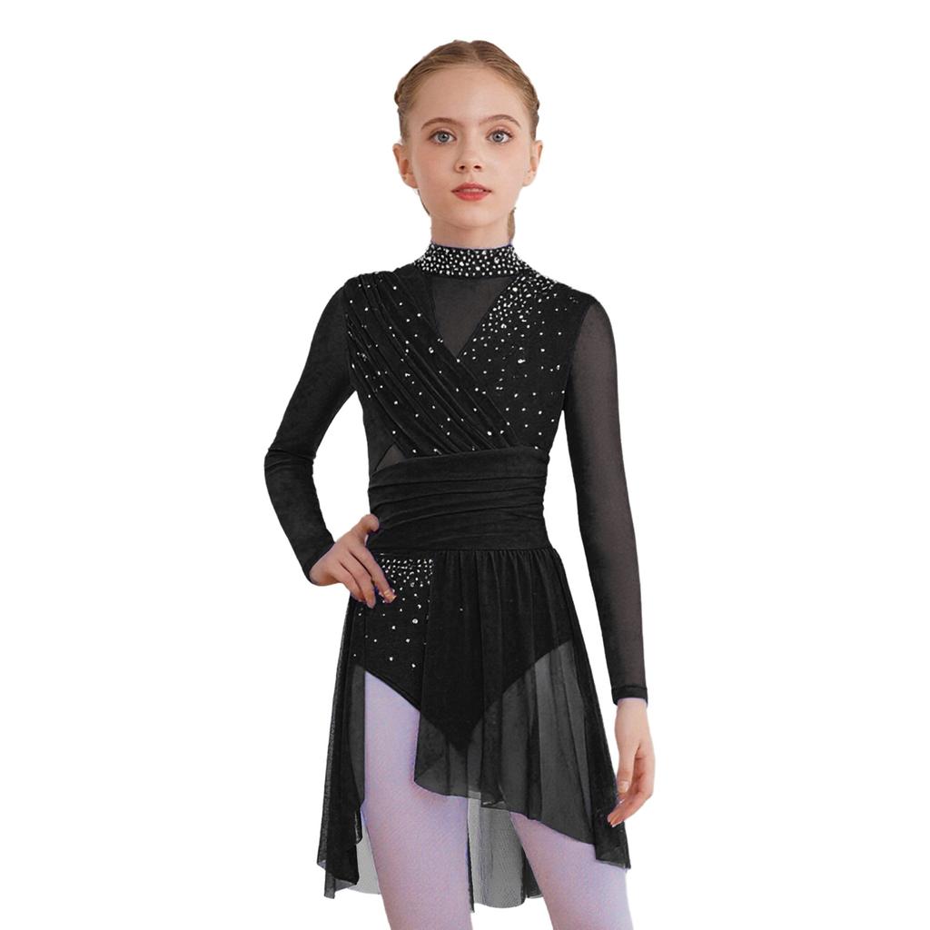 Girls Lyrical Dance Dress Mock Neck Long Sleeve Cutout Back Side Split Sheer Mesh Ruched Leotards
