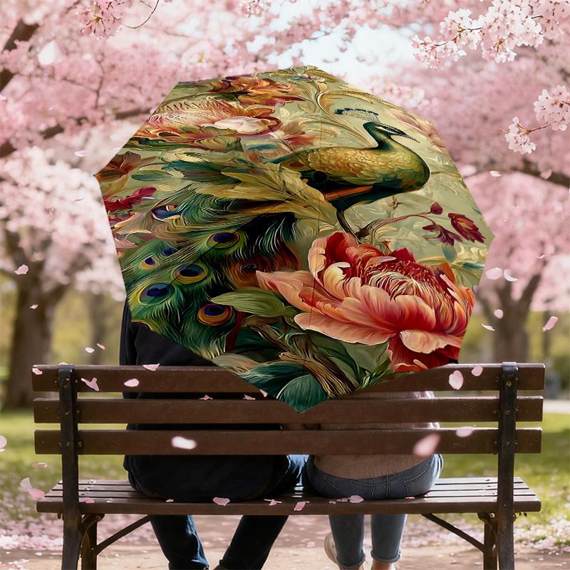 1PC peacock flowers Umbrella-9-Rib Reinforced, Automatic Open, Lightweight & Durable, Cute Fashion Accessory for Outdoor-P0714