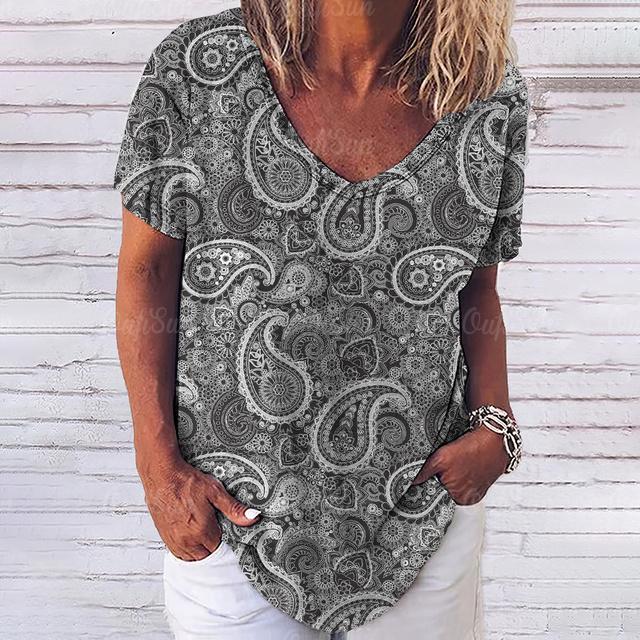 Винтажный топ с принтом, женская уличная одежда с короткими рукавами, летняя футболка, женская модная повседневная футболка с v-образным вырезом, женская одежда большого размера Y2k