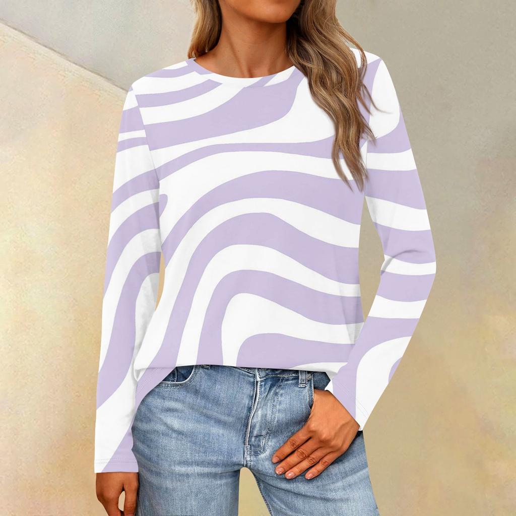 Женская свободная повседневная повседневная футболка с длинным рукавом и круглым вырезом, сплошной цвет, топ