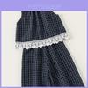 Kid Summer Sleeveless Top And Pants Set With Checkered Pattern And Lace Design For Kids Ages 8 And Up