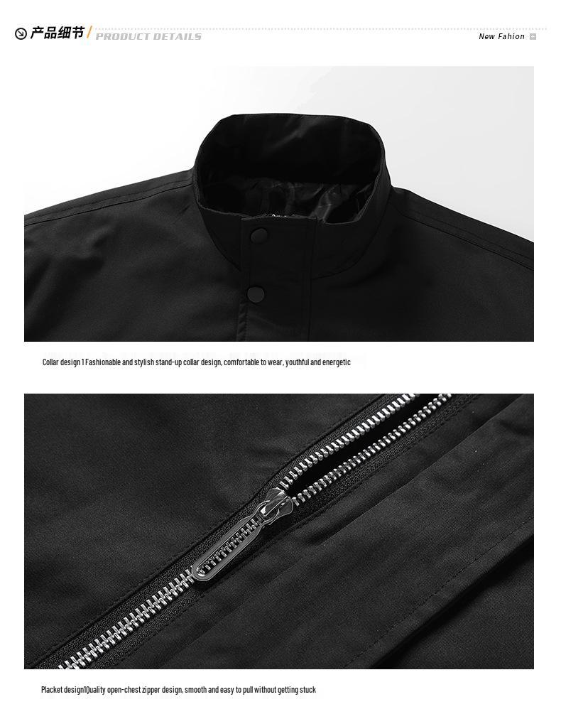 Мужская куртка 2025 года с воротником-стойкой, однотонная: Гонконгский стиль, Повседневный большой размер, Тонкое пальто в военно-промышленном стиле