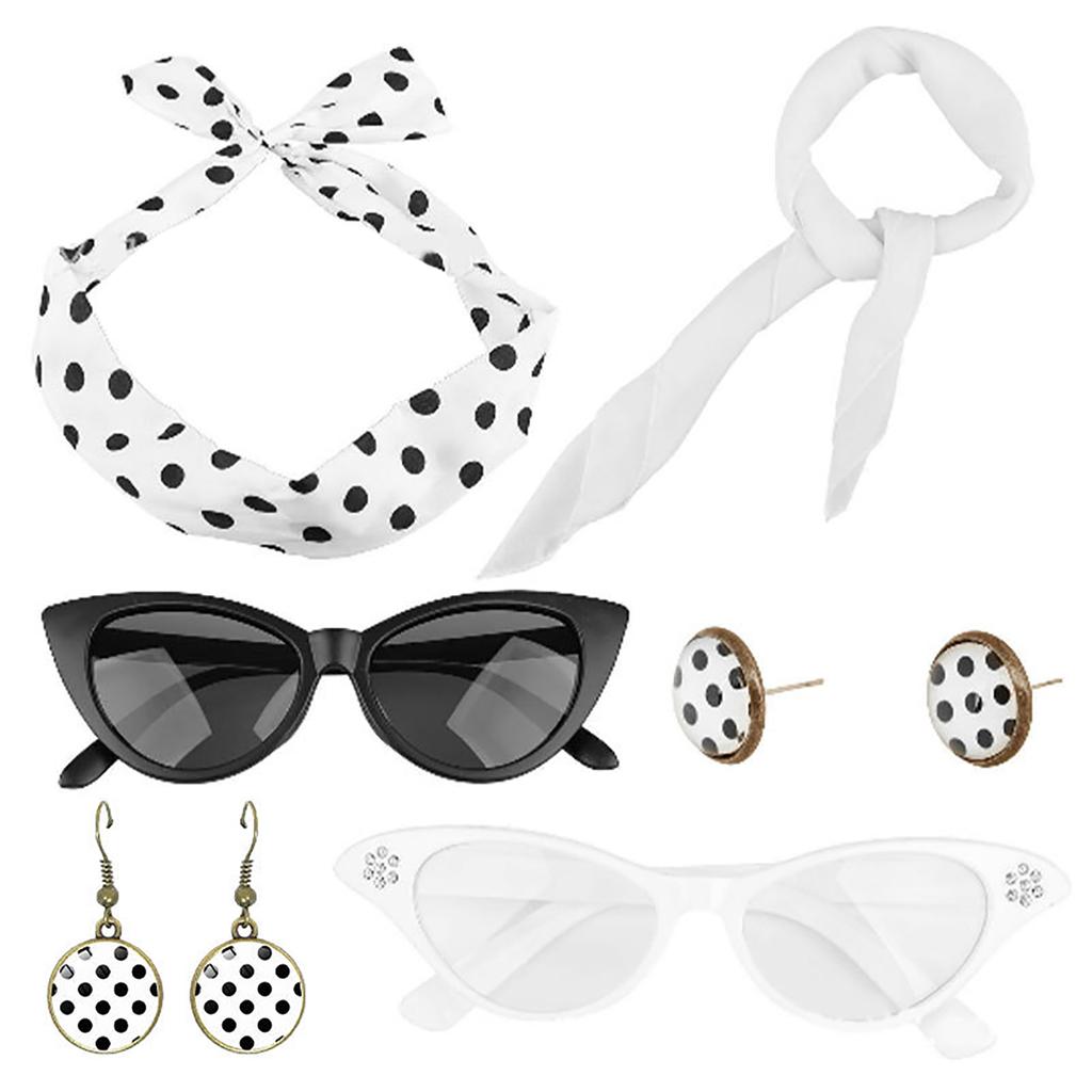 50s Women Costume Accessories Scarf Eye Glasses Headband Earrings Set For 50's Halloween Party