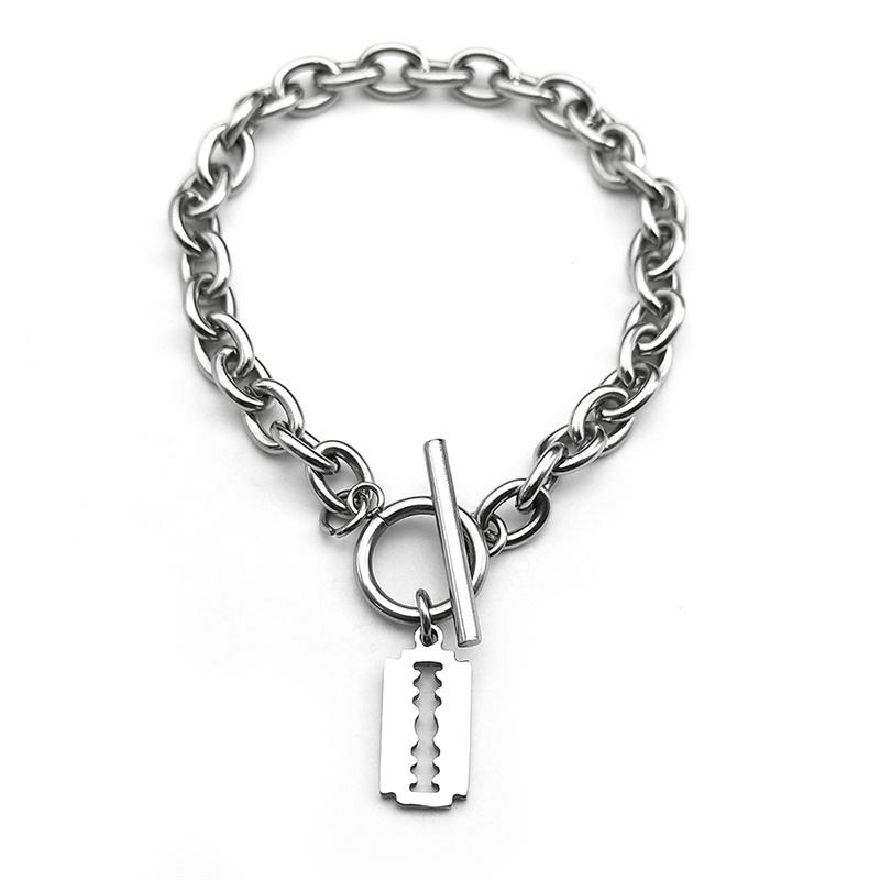 Hip Hop Razor Blade Shape Bracelet For Women Men Stainless Steel Silver Color Pendant Ot Buckle Bracelet Fashion Jewelry