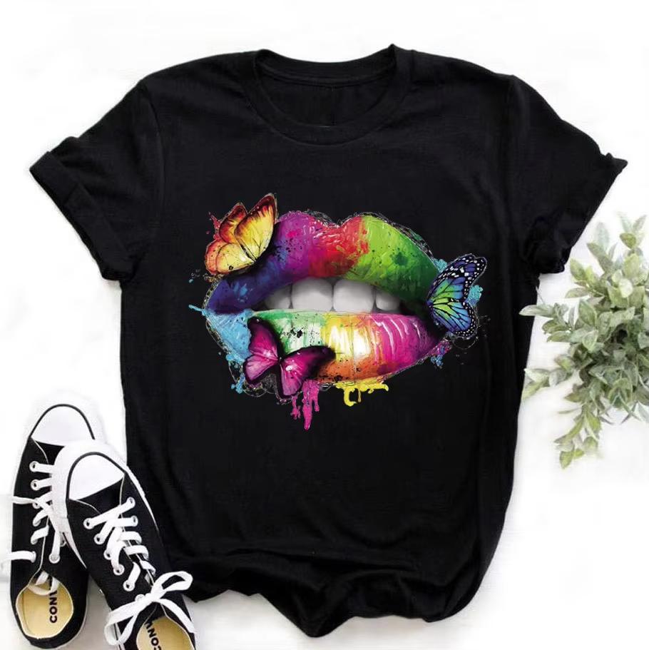 Lips Watercolor Pattern Pure Cotton Print Unisexs and Womens Personalized Round Neck Short Sleeved Summer New Casual Tshirt