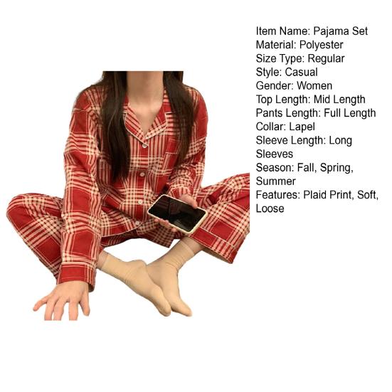 2 шт./компл., женский пижамный комплект на весну и лето, клетчатый принт с лацканами и длинными рукавами, свободный однобортный широкий комплект домашней одежды, рубашка и брюки, комплект одежды для сна