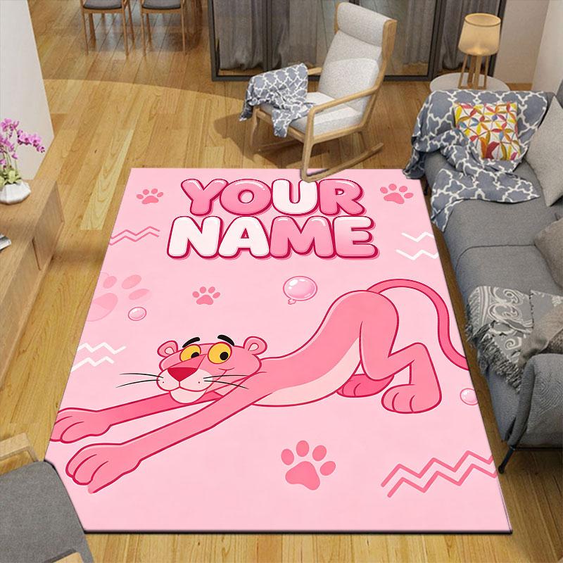 Custom Name,Pink Panther Home Sofa Decoration for Living Room & Bedroom, Non‑Slip Play Flannel Floor Mat for Game Room