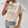 Женские повседневные топы, плиссированная футболка с короткими рукавами и высоким воротником, однотонные гладкие атласные пуловеры, топы, повседневная одежда