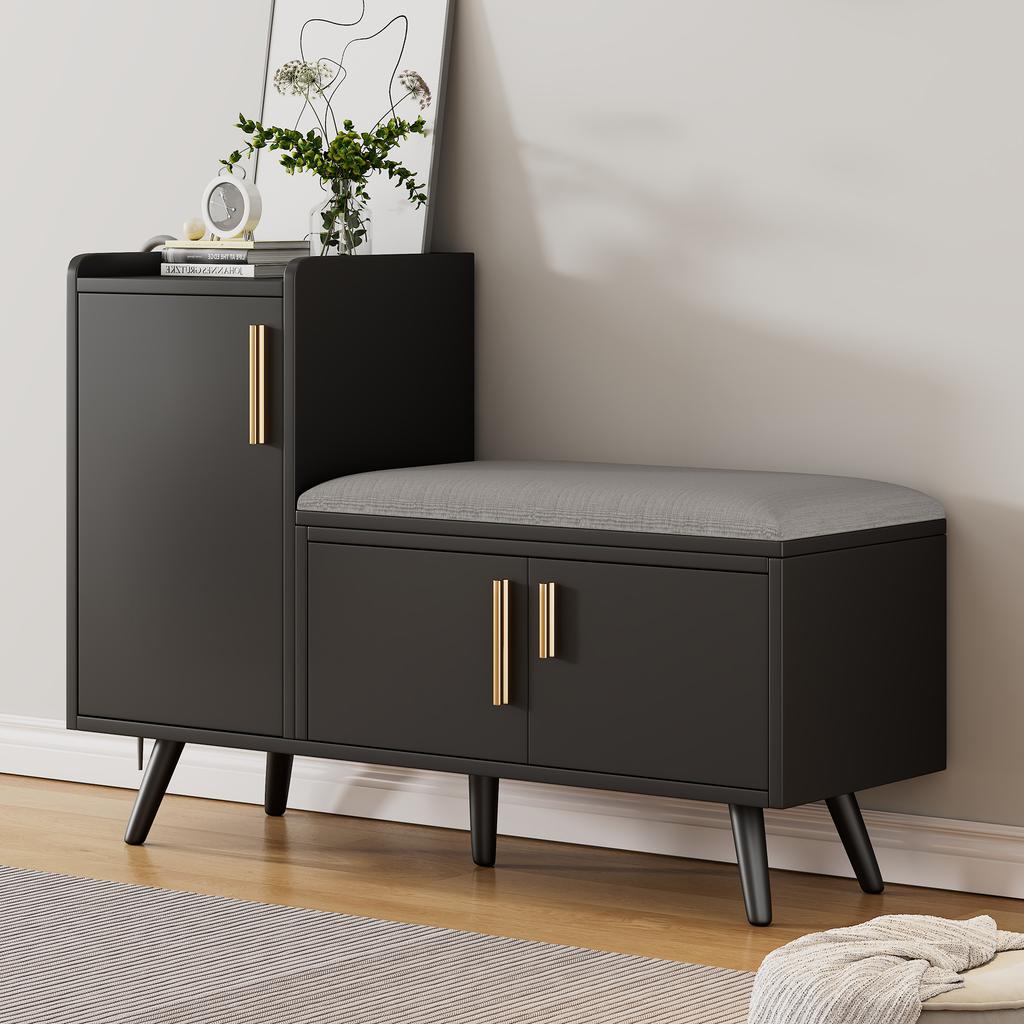 Modern Shoe Bench with Three Storage Doors, Asymmetrical Metal Handles and Multiple Levels for Storage - W100/D34/H69 cm(old sku WF318094AAA)