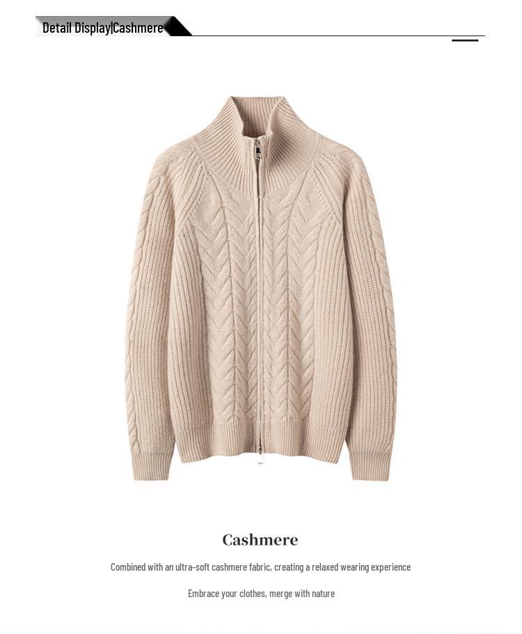 Elegant Cashmere Cable Knit Cardigan: Women's Half-High Collar Zipper Wool Coat for Autumn/Winter 2026.