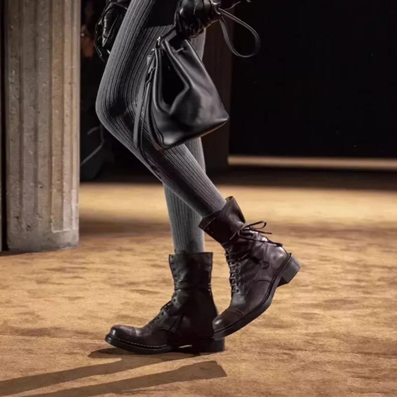 Модные роскошные дизайнерские байкерские ботинки из натуральной кожи женские 2025 массивные ботильоны на платформе для женщин на шнуровке до середины икры ретро рыцарские ботинки