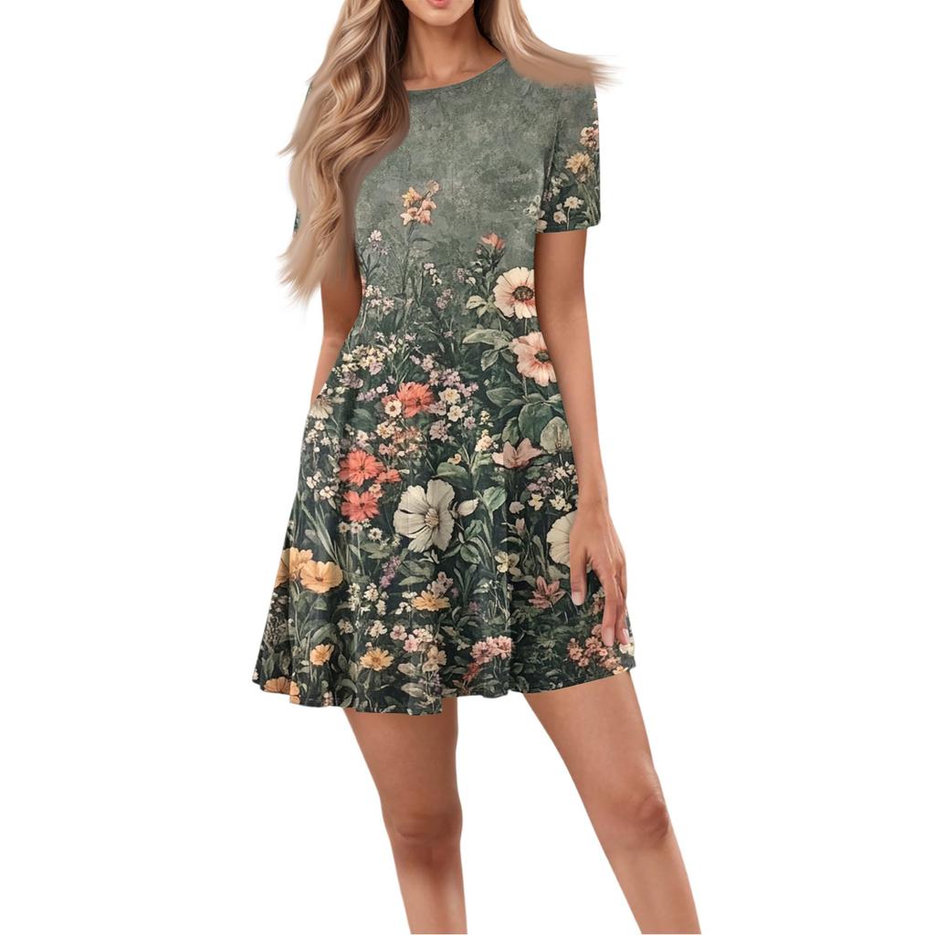 Женское повседневное модное короткое платье с круглым вырезом и коротким рукавом с цветочным принтом и карманами