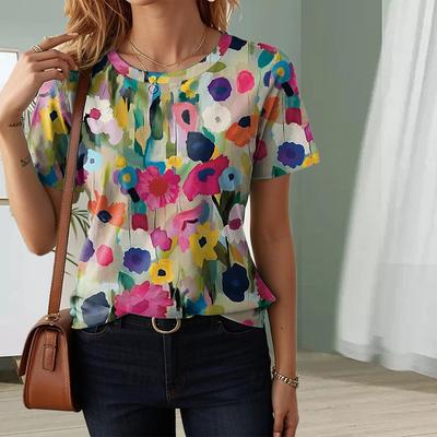 Модная женская футболка с ярким цветочным принтом, забавная повседневная футболка с круглым вырезом и короткими рукавами, летняя женская футболка