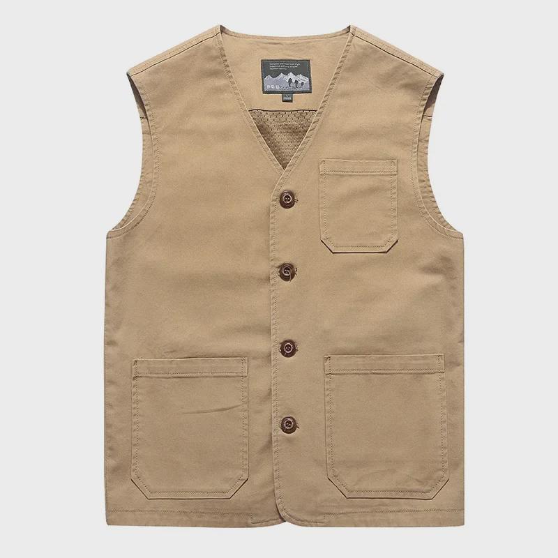 Extra Large Collarless Cotton Vest with Multiple Pockets for Spring/Autumn Outdoor Workwear