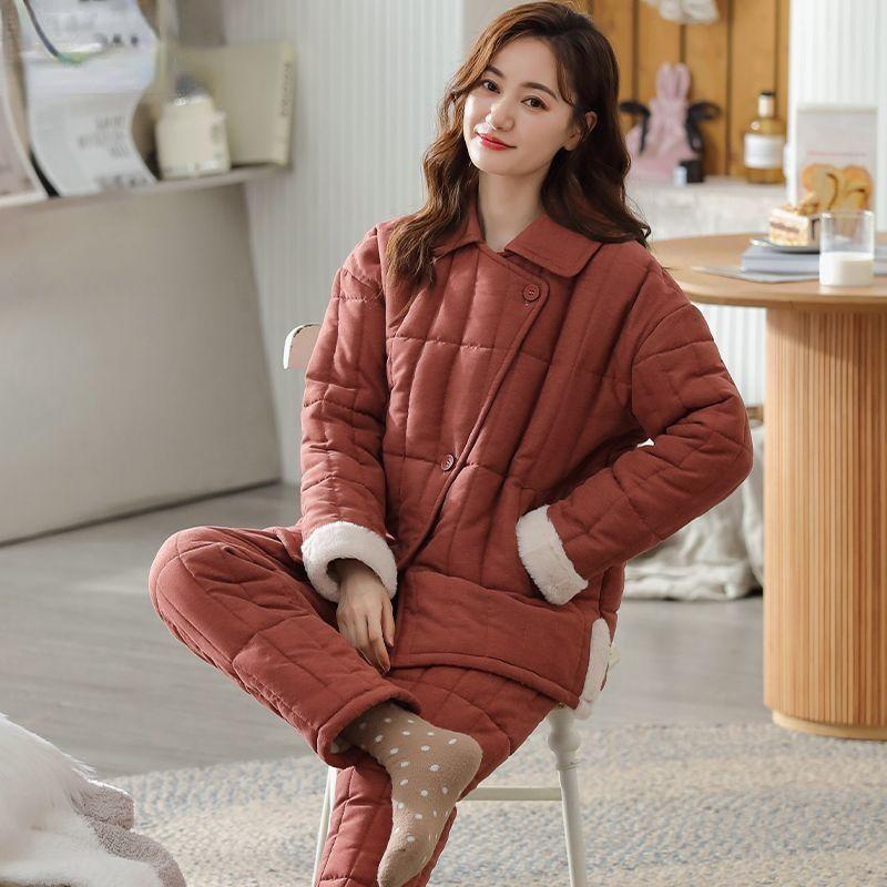 Новая осенне-зимняя женская пижама с хлопковой подкладкой, теплая домашняя одежда из хлопка, трехслойная одежда для сна большого размера, домашний костюм