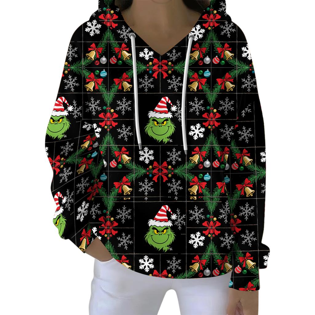 Ladies' Loose And Comfortable Drawstring V-neck Long Sleeved Christmas Printed Sweatshirt