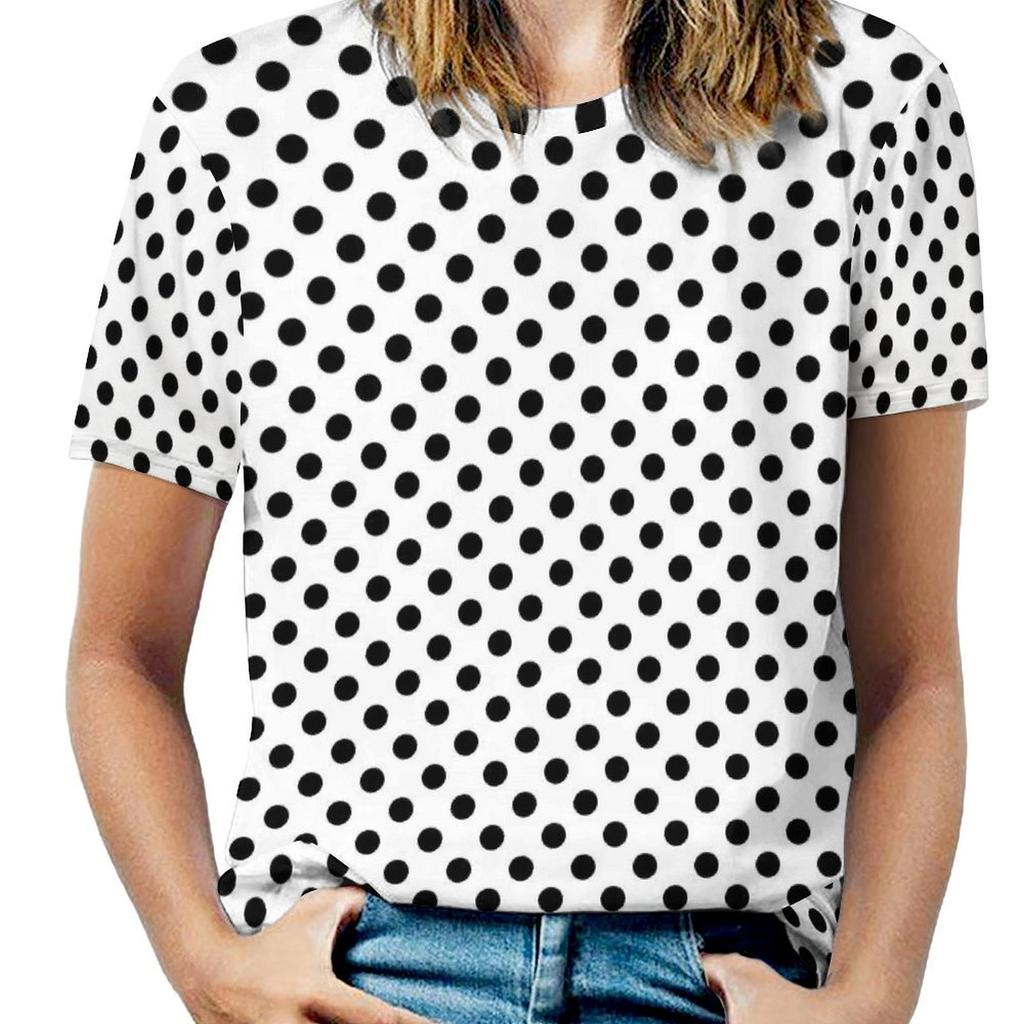 Черно-белая футболка в горошек с круглым вырезом и ретро-принтом, свободные футболки с коротким рукавом, футболки в уличном стиле для женщин, топы с пляжным дизайном