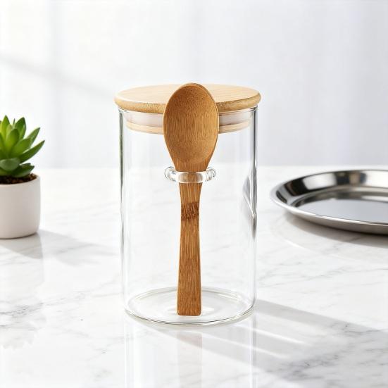 Glass Sealed Jar Transparent Glass Canister with Spoon Wooden Lid Food Storage Jar for Coffee Beans Spice Kitchen Supplies
