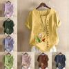 Women's Fashion Round Neck Short Sleeve T-shirt Casual Cotton Linen Graphic Shirt Leisure Loose Tulips Prined Sumer Blouse Tops