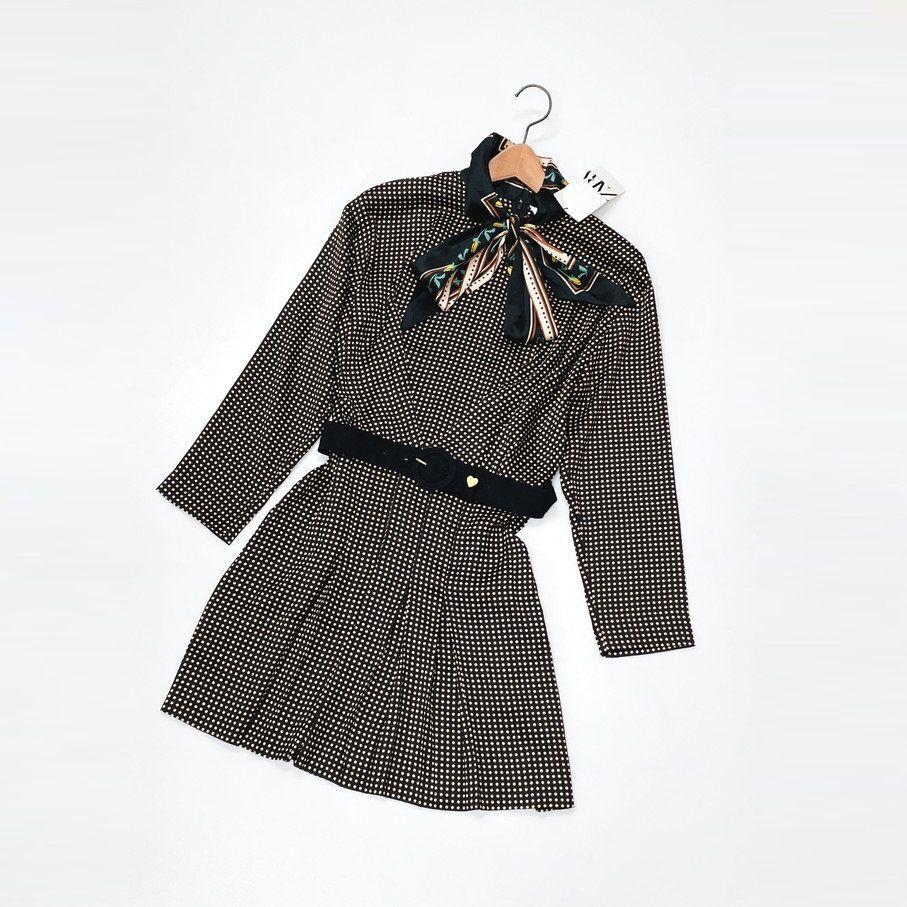 Used ZARA / XS / Black / Long-sleeved dress / Mini dress / Belted / Gold heart / New with tags / Adult cute / Polka dot fabric / Daily wear / Scarf /