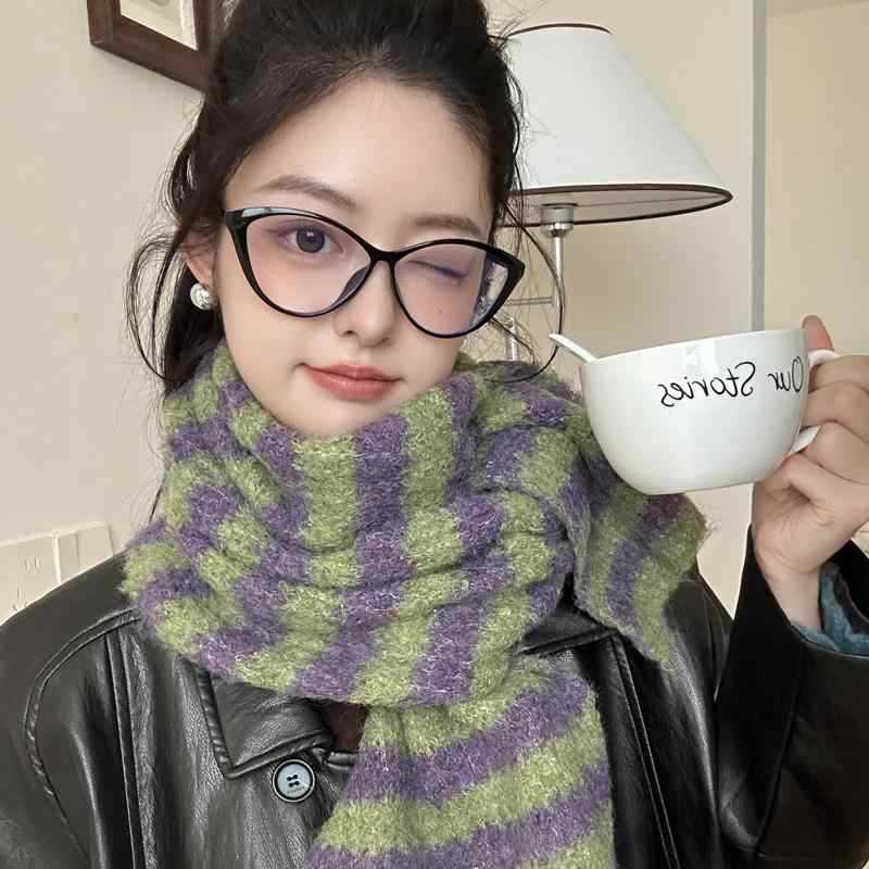 Seasonal Woolen Scarf Ladies Warm Wind Couple Vintage Contrast Stripe Knit Scarf Women