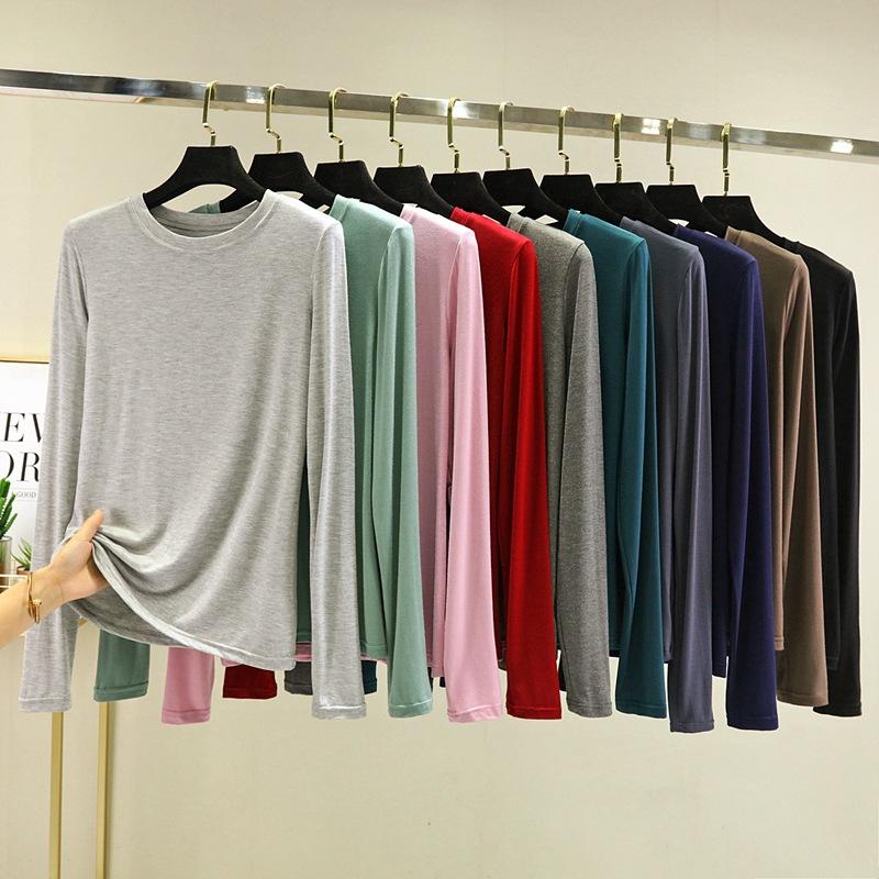 Модальная однотонная базовая футболка с круглым вырезом и длинными рукавами, женские осенние футболки, универсальные футболки, майка больших размеров