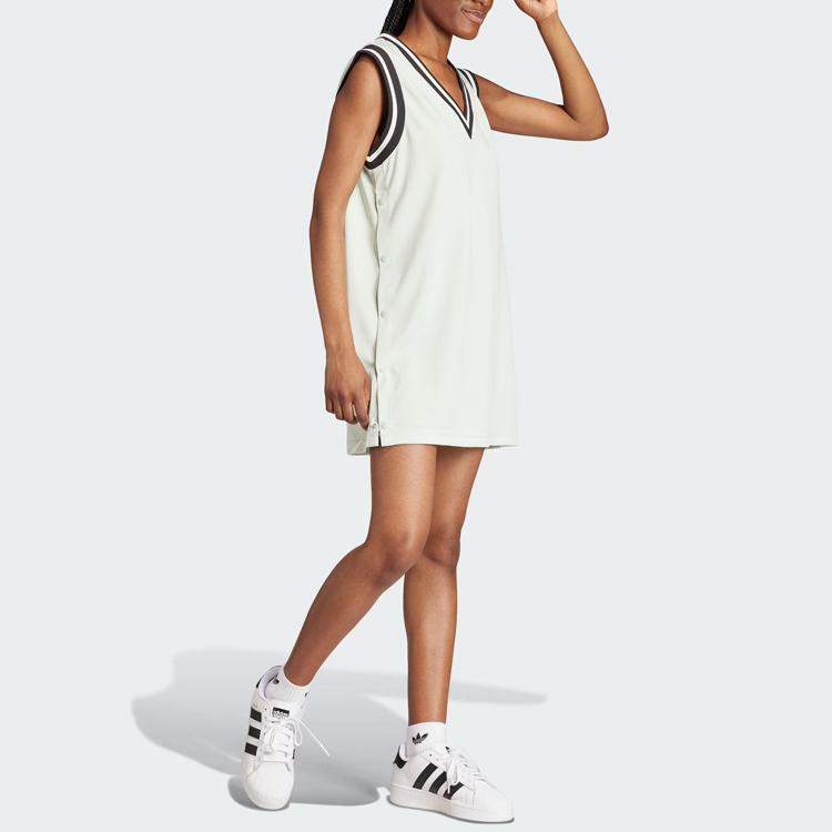 Adidas Оригинальное нейтральное платье Adibreak в полоску с цветными блоками, спортивное платье без рукавов с V-образным вырезом, женские платья льняного цвета, зеленый IS5263