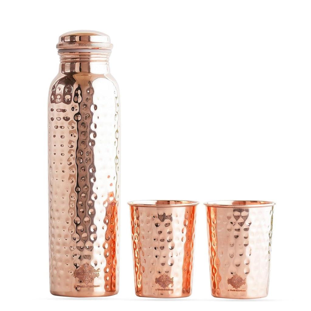 Новейший подарочный набор для напитков из чистой меди, 1 бутылка и 2 стакана с подарочной коробкой, подарочный предмет на Дивали, день рождения и вечеринки Бутылка - 1000 мл и стакан - 300 мл