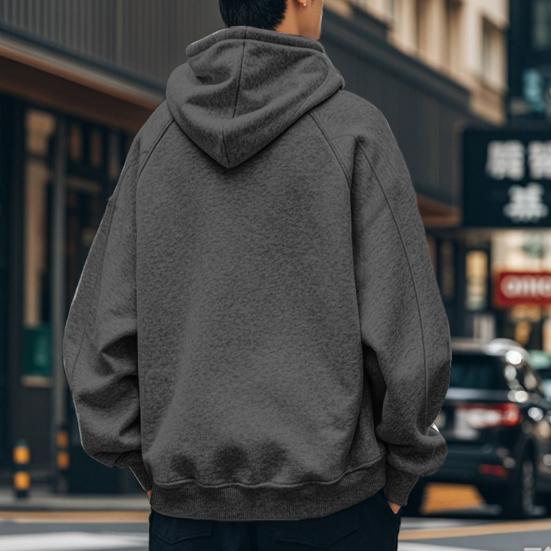 Men Hoodie Solid Color Sweatshirt with Hood Large Front Pocket Thickened Warm Pullover for Autumn Winter Street Sports Wear