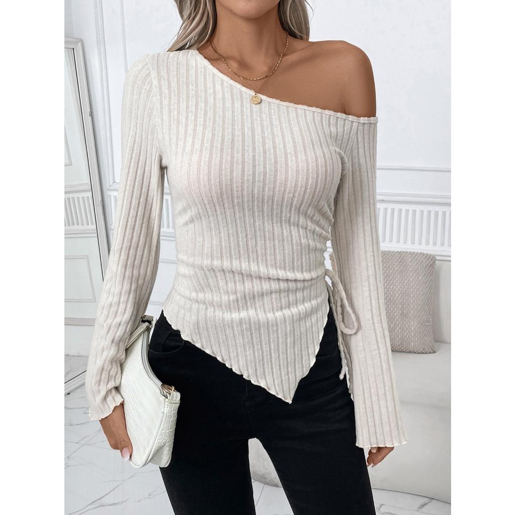Fall Women's Off-shoulder Flare Sleeve Irregular Lace-up Knit Top