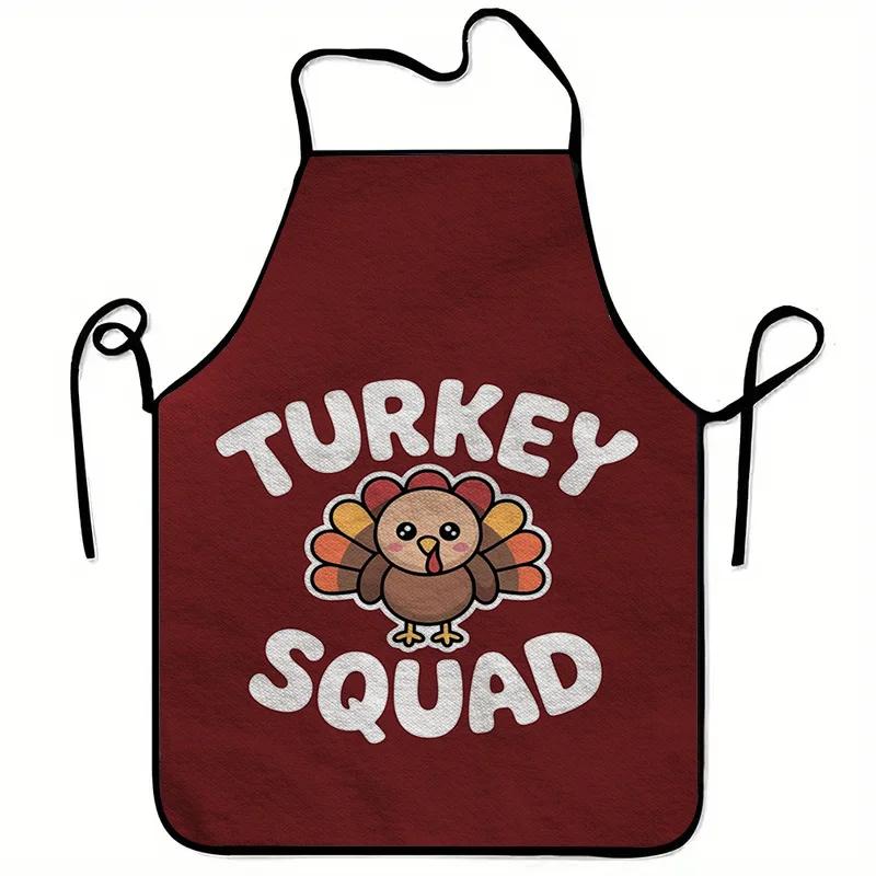 1pc Large Heavy-Duty Thanksgiving Turkey Apron with Turkey Squad Logo Cute Turkey Character Burgundy