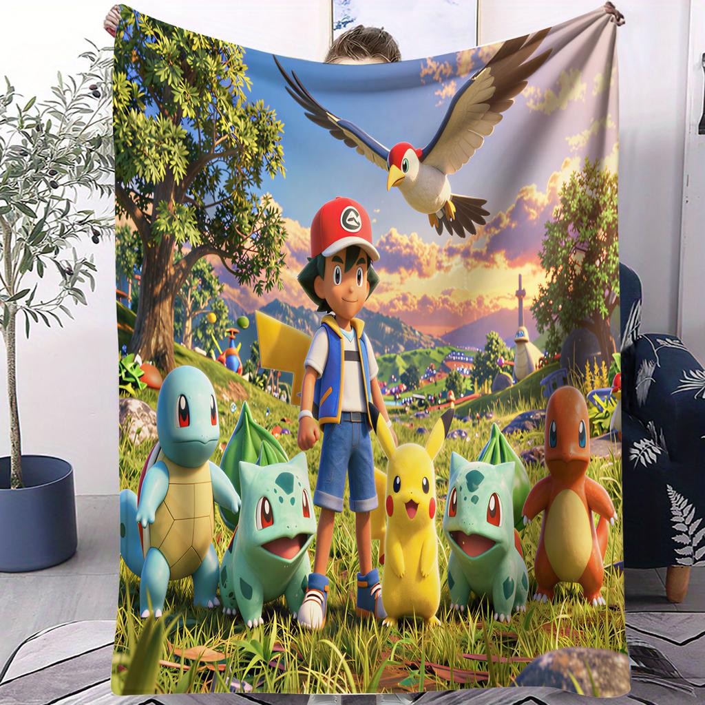 Cartoon Pikachu Theme Monster Printed Flannel Blanket For OfficeCamp Travel Multifunctional Universal Blanket Fan Gift