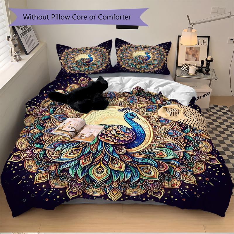 3pcs Beautiful Peacock Printed Quilt Set - Includes 1 Quilt Cover and 2 Pillowcases, Machine Washable - Suitable for All Seasons.W003