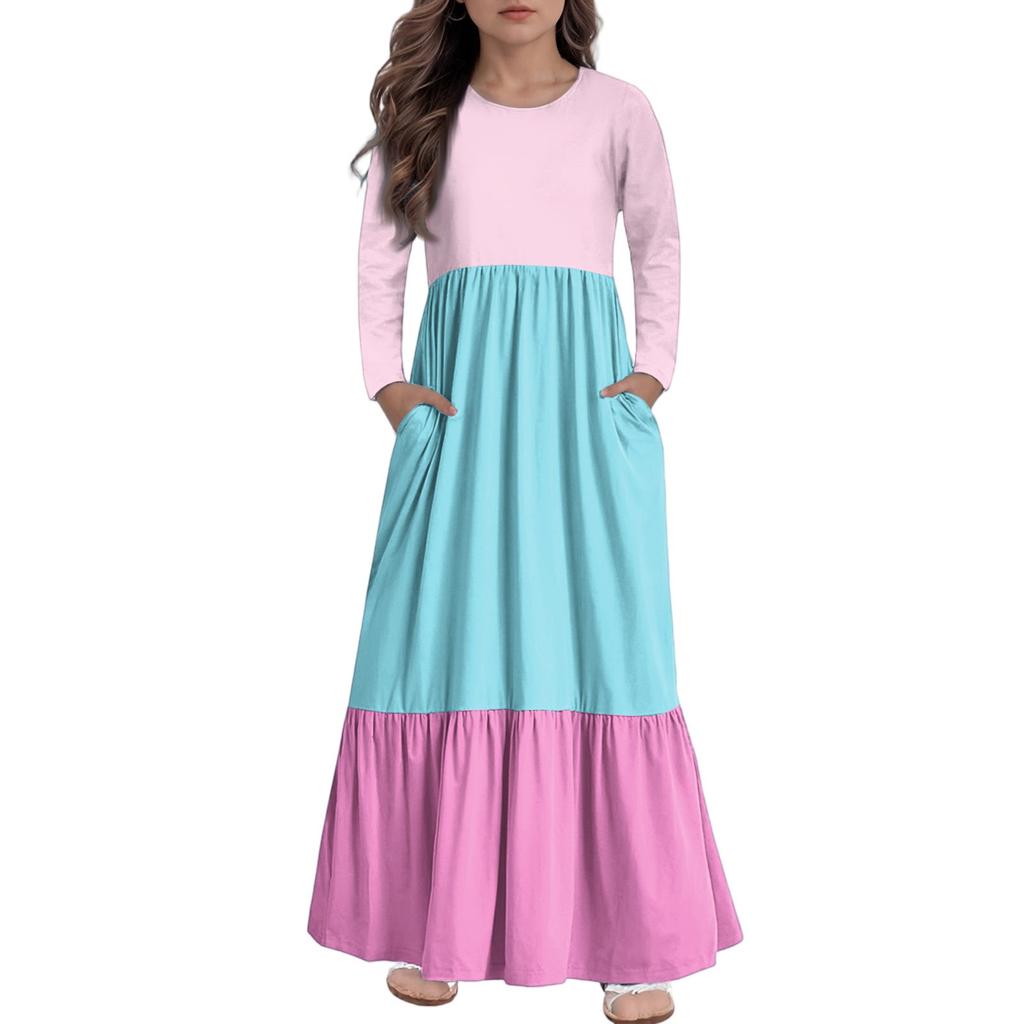Girls' Maxi Dress Casual Holiday Dresses - Long Sleeve Dress With Pockets For 4-14Y