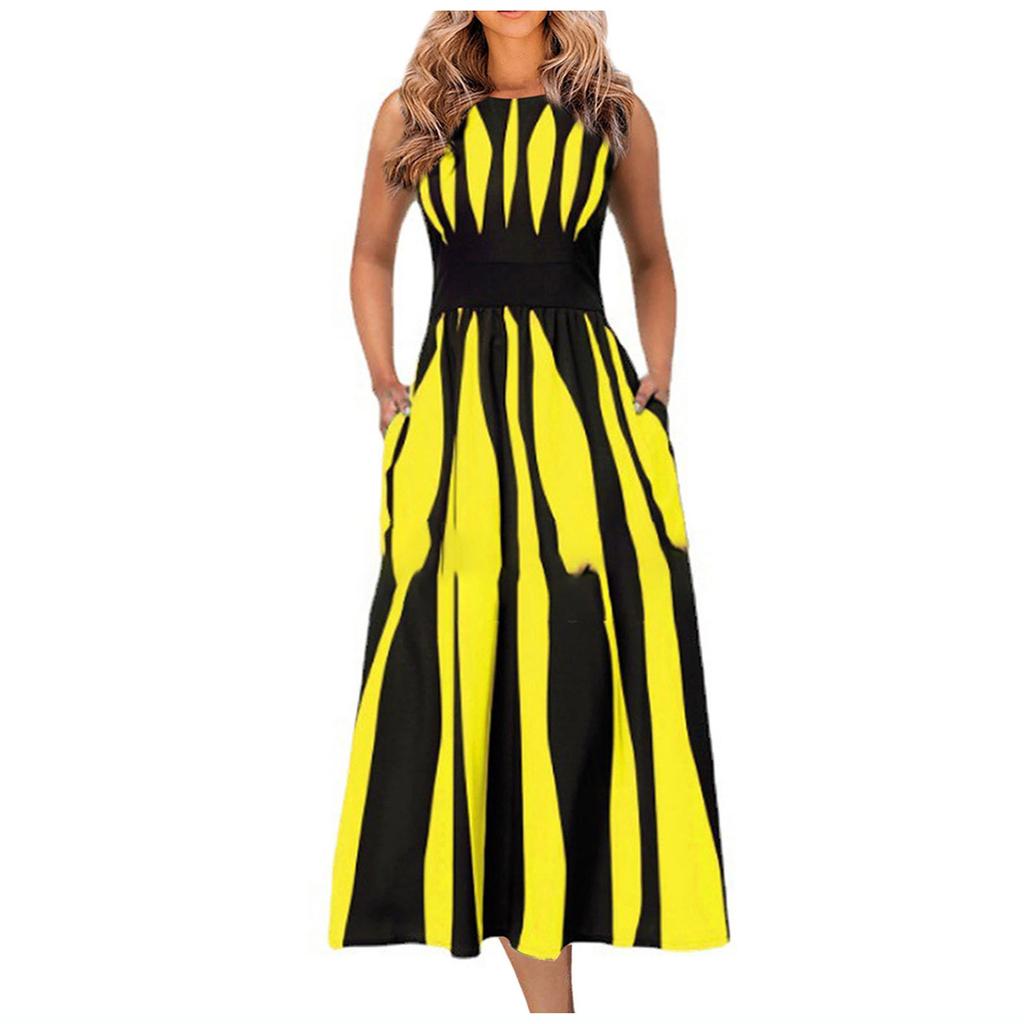Женское летнее модное повседневное полосатое платье с принтом, с круглым вырезом и закрытой талией, утягивающая юбка без рукавов