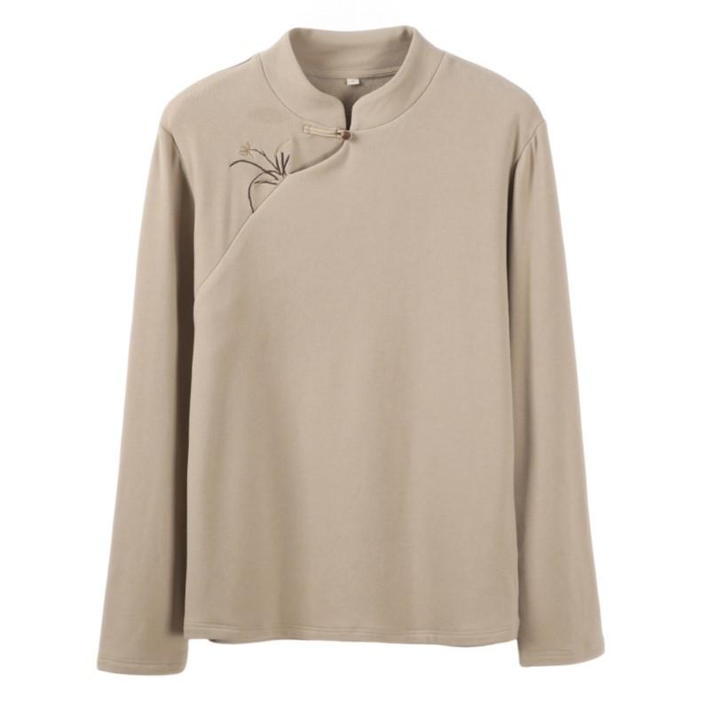 Johnature Женские рубашки-стойки в китайском стиле, теплые осенние топы, вышитые цветочные блузки, мягкая рубашка с длинным рукавом