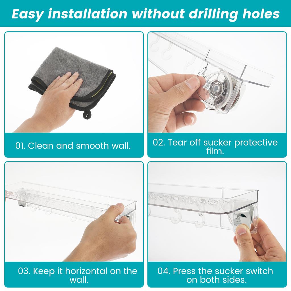 Полка для ванной на присоске, не требующая сверления, прозрачная, с 4 крючками, не требующая сверления, настенный органайзер для шампуня, кондиционера, мыла