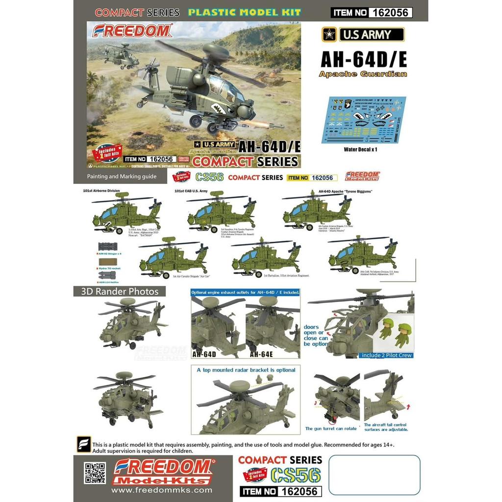 Freedom Model Kits Серия Компактная Американский ударный вертолет AH-64D/E Apache Guardian Пластиковая модель без масштаба FRE162056