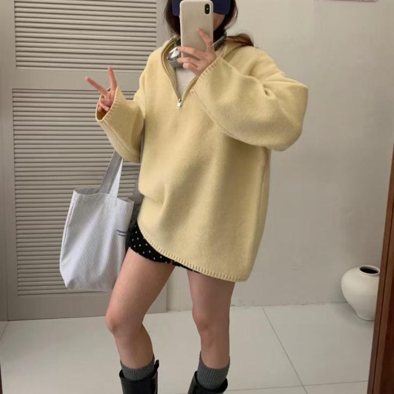 Lazy Wind Hooded Half Zipper Pullover Sweater Women's Autumn and Winter New Loose Versatile Knitted Sweater Top